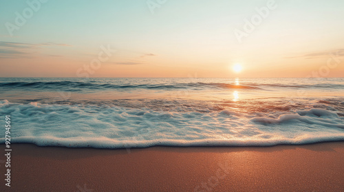 Beach sunset with parallax, where waves gently wash over the sand, creating an atmosphere of tranquility.