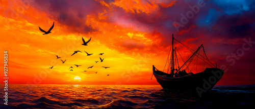 A serene sunset view over the ocean, featuring a silhouette of a boat and birds flying across a colorful sky. photo