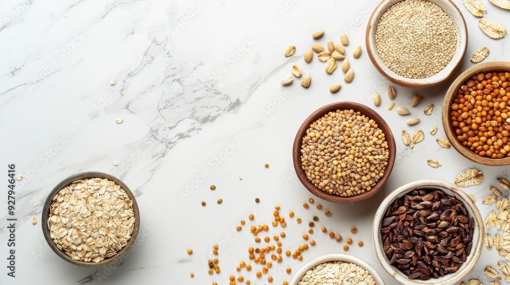 Variety of cereal grains and groats in bowls on white marble surface with copy space above Variety of cereal grains and groats in bowls on white marble surface with copy space above