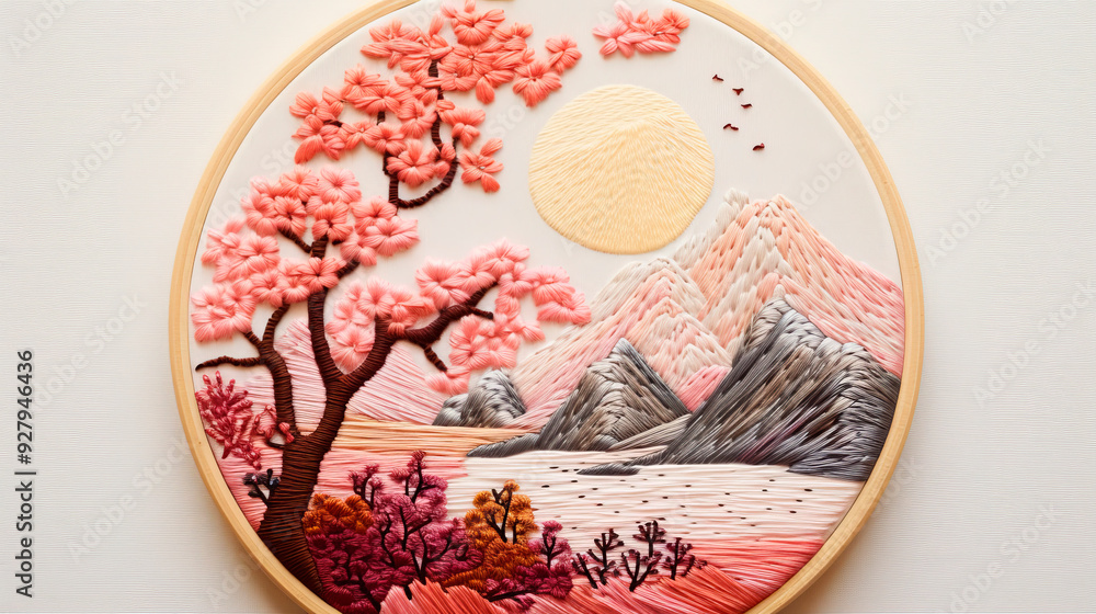 Exquisite embroidery of a serene landscape with mountains, rivers, and autumnal trees, perfect for art displays and home decor inspiration. Exquisite embroidery of a serene landscape with mountains, rivers, and autumnal trees, perfect for art displays and home decor inspiration.