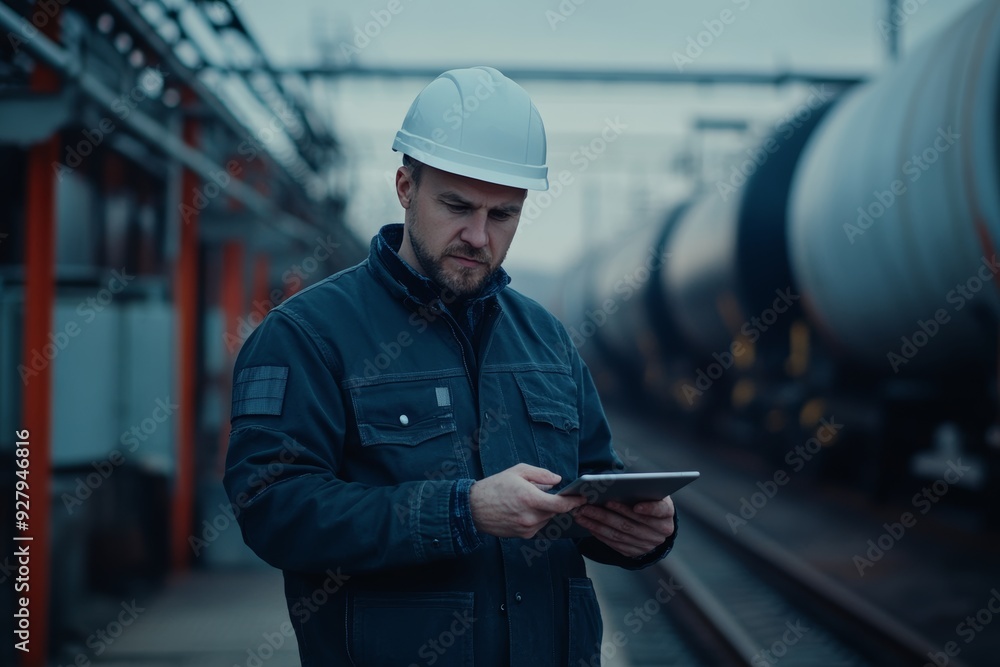 Industrial engineer in hard hat with tablet at railway tank terminal checking rolling stock Industrial engineer in hard hat with tablet at railway tank terminal checking rolling stock