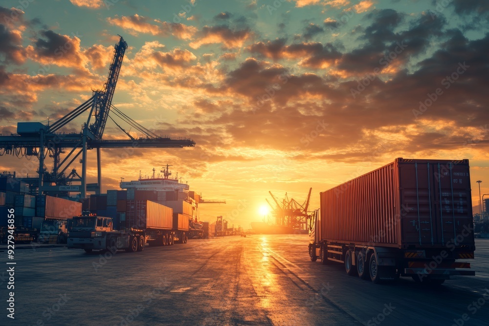 Sunrise logistics container truck, cargo ship, plane, and crane in port for import export transport Sunrise logistics container truck, cargo ship, plane, and crane in port for import export transport