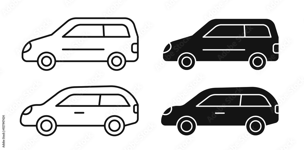 Car icon set. Automobile motor vehicle vector symbol in black filled and outlined style Car icon set. Automobile motor vehicle vector symbol in black filled and outlined style