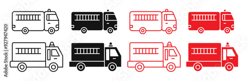 Fire emergency firetruck icon set.  fire truck with ladder silhouette and line icon in black and red colors