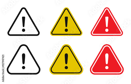 Danger warning icon set. Alert triangle warn sign in black, yellow, and red colors. Exclamation sign