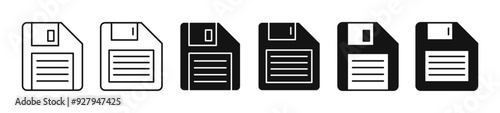 Floppy disk icon set. Save file button icon set. Diskette vector symbol in black filled and outline style. Perfect for apps and website