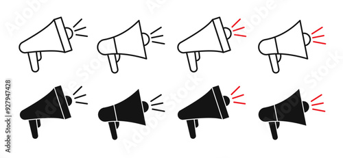 Loudspeaker icon set. Announcement speaker vector symbol. Hand hailer sign. Speak loudhailer symbol. Megaphone news announce pictogram. Bullhorn line sign.