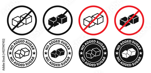 Sugar-free vector icon set in black and red colors. No added sugar vector symbol. Zero sugar sign featuring sugar cube illustration.