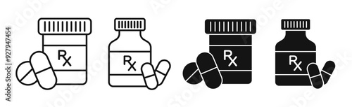 RX pill bottle icon set in black filled and line style, perfect for app and website UI designs.