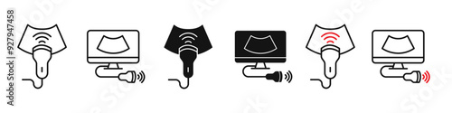 Ultrasound equipment icon set. Woman pregnancy internal ultrasonography medical device. Ultrasonic transducer symbol. Sound waves thin line pictogram for ultrasound.