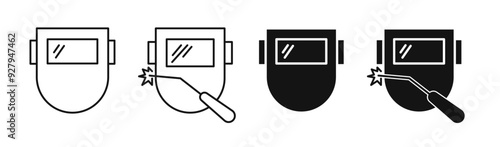 Welding safety helmet icon set. Welder mask vector pictogram in filled and outlined style. Ideal for safety equipment and industrial protection visuals. photo