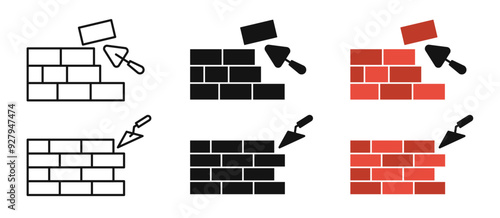 Brickwork icon set. House wall foundation bricklayer vector symbol with trowel sign in black and colored style