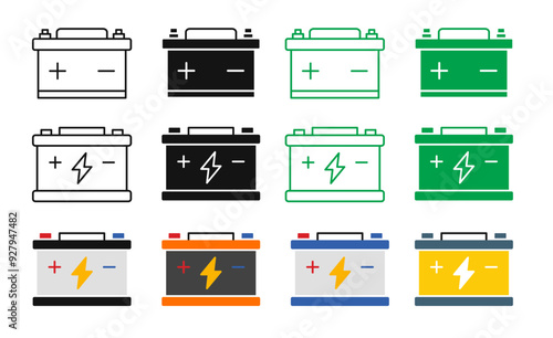 Car Battery icon set. Electric auto lithium-ion storage battery in black, green and other colors
