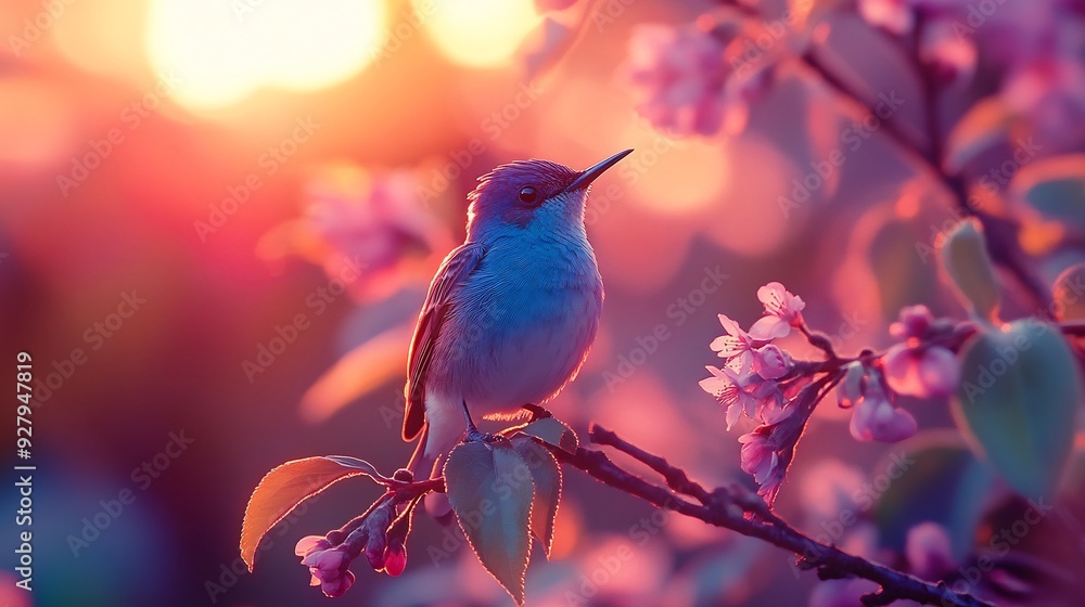 Beautiful Hummingbird on Cherry Blossom Branch at Sunrise Beautiful Hummingbird on Cherry Blossom Branch at Sunrise