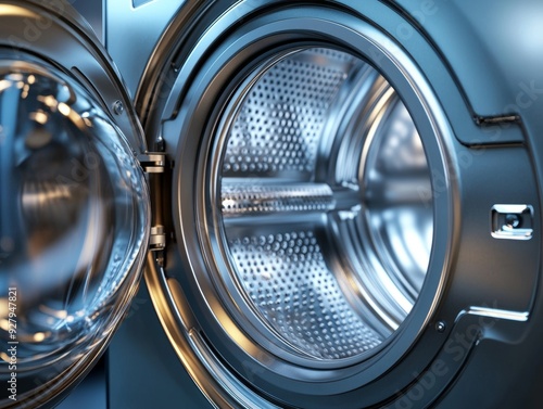 Close up of open washing machine door with stainless steel drum, ready for laundry