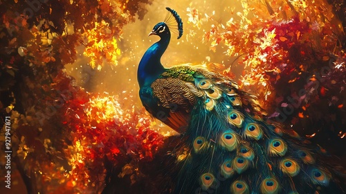 abstract painting of a peacock with vibrant colors, showcasing intricate feather details and artistic flair, evoking beauty and elegance in a colorful setting.