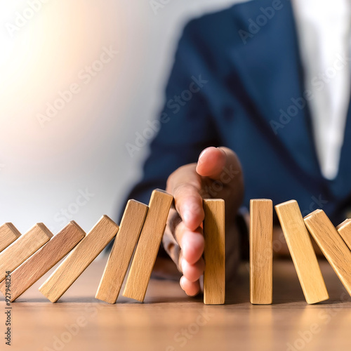 hand halts wooden dominoes from falling over, symbolizing the prevention of a business crisis and the control of potential disruptions photo