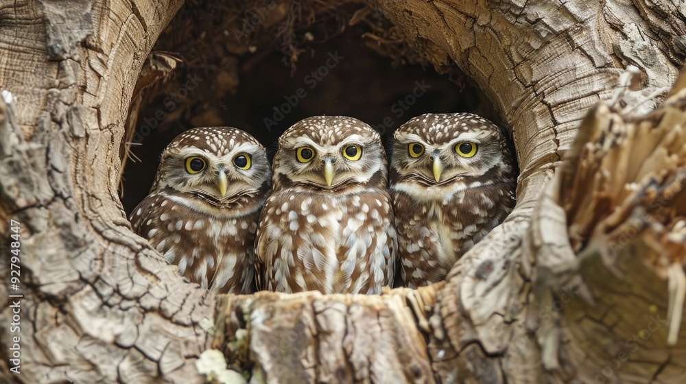 Three owls in tree hollow looking ahead Species Athene noctua Flat orientation Blank area for text Three owls in tree hollow looking ahead Species Athene noctua Flat orientation Blank area for text