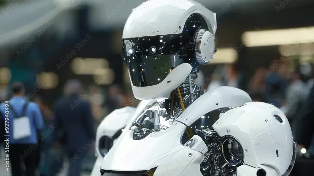 Advanced humanoid robot showcases technology at exhibition in a bustling city center Advanced humanoid robot showcases technology at exhibition in a bustling city center