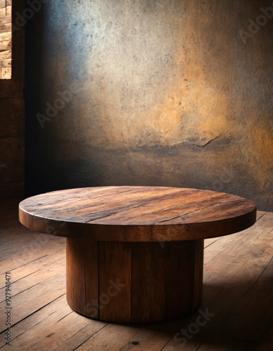 Wooden round table for product display on marketplaces, against an old concrete wall