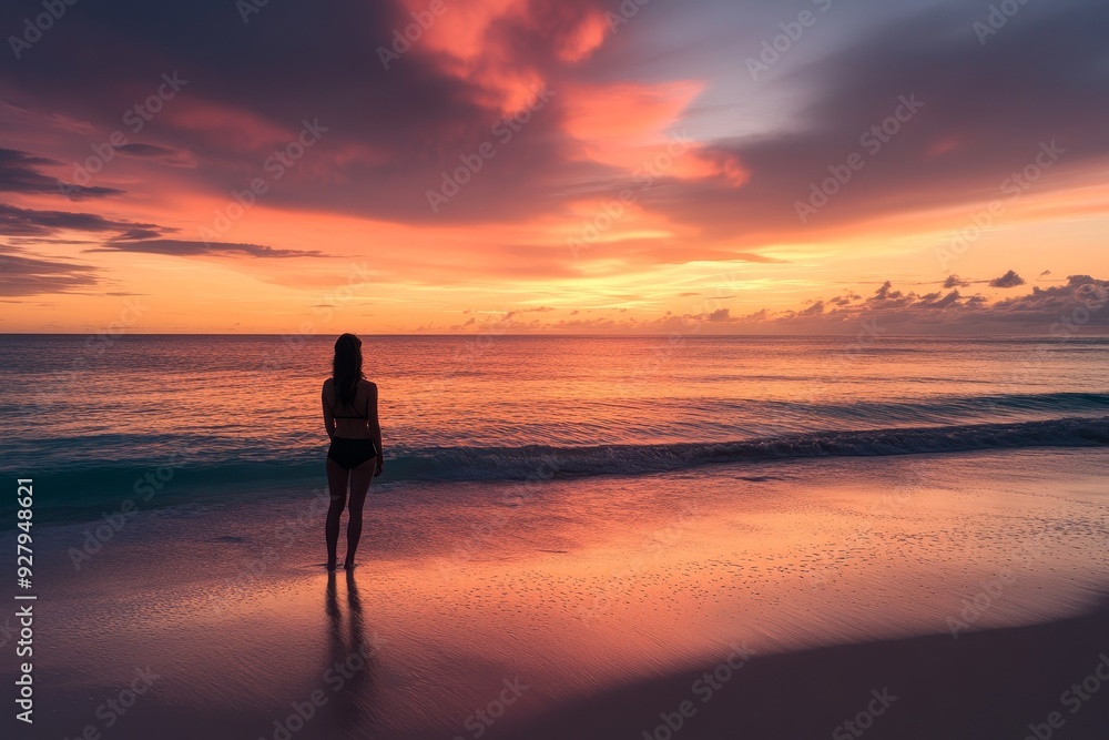 Woman standing on beach watching sunset over ocean horizon, serene scene at dusk Woman standing on beach watching sunset over ocean horizon, serene scene at dusk
