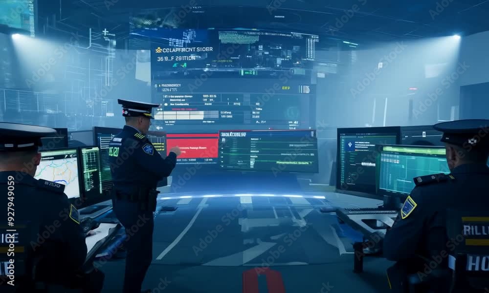 Police Computer Screen Ops A modern, well-lit police command center with multiple computer ...