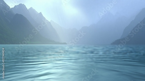 Serene Mountain Landscape with Mist and Gentle Waves