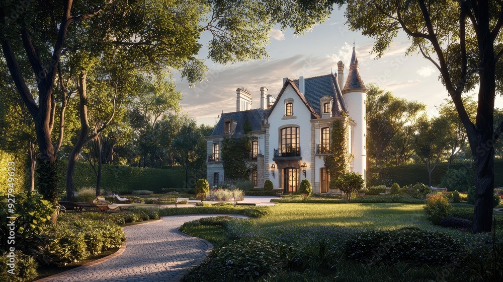French Chateau in the Woods at Sunset. French Chateau in the Woods at Sunset.