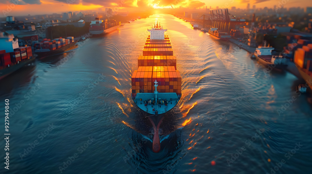 Aerial View of Cargo Ship Sailing Through Water at Sunset Aerial View of Cargo Ship Sailing Through Water at Sunset