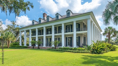 Antebellum Mansion with Columns and Palm Trees.