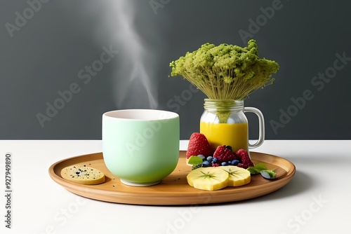 Cup of Coffee and Fresh Fruit on a Plate for a Morning Breakfast photo