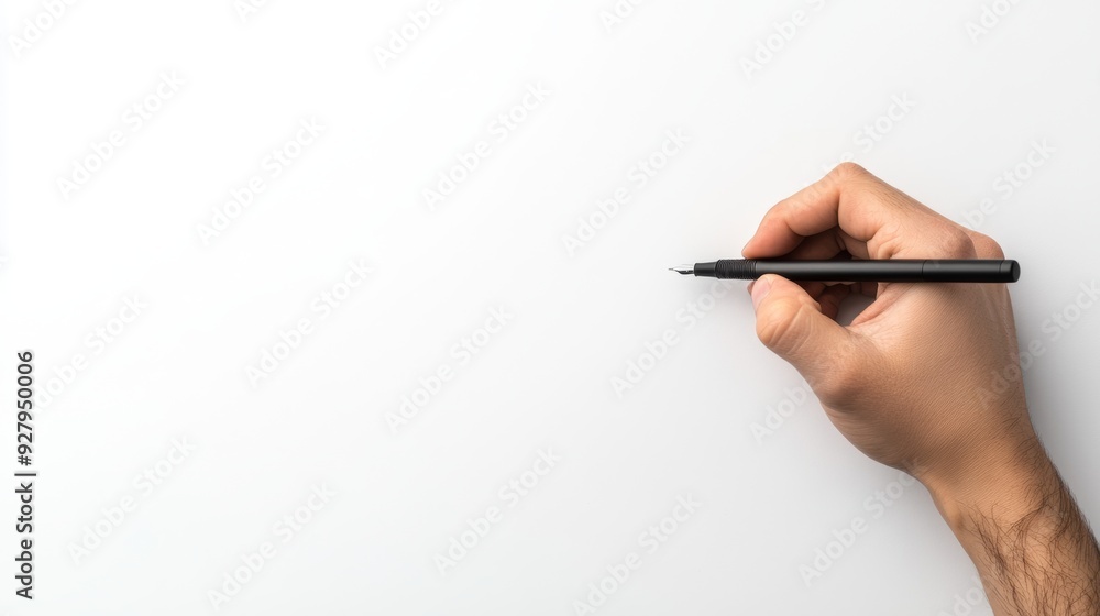 A hand holding a pen above a blank surface, ready for writing or drawing. A hand holding a pen above a blank surface, ready for writing or drawing.