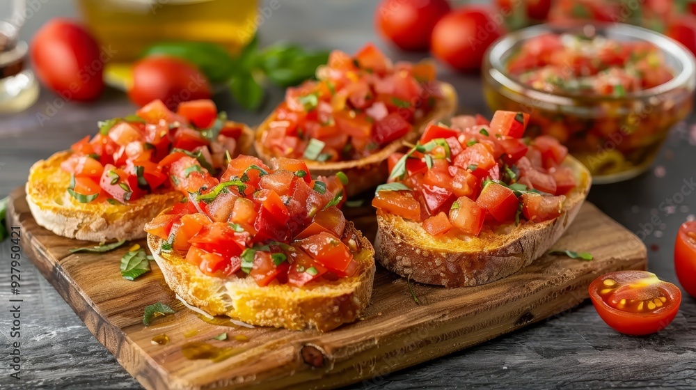 Delicious Bruschetta. Freshly Made Italian Appetizer Toasts with Tomatoes, Garlic, and Basil. Delicious Bruschetta. Freshly Made Italian Appetizer Toasts with Tomatoes, Garlic, and Basil.