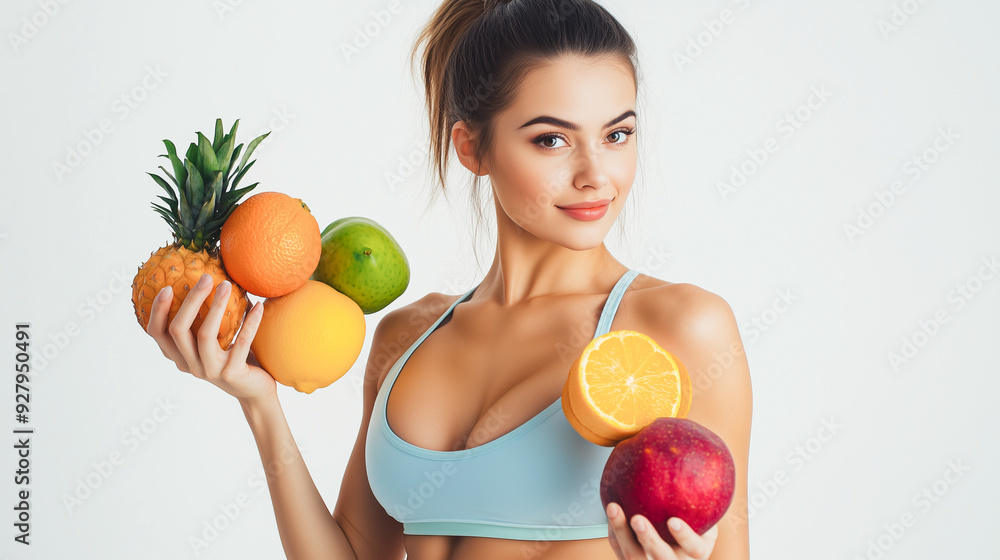 A vibrant and healthy young woman promotes a balanced diet, holding a variety of colorful fruits. Her fitness attire and bright smile underscore the energy and wellness that come from good nutrition. A vibrant and healthy young woman promotes a balanced diet, holding a variety of colorful fruits. Her fitness attire and bright smile underscore the energy and wellness that come from good nutrition.