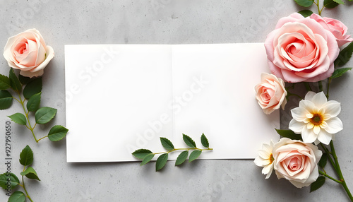 Wedding, birthday stationery mock-up scene. Blank open folded greeting card. Decorative floral corner. Green leaves, blush pink English roses and ranunculus flowers. Concrete table background. Flatl photo