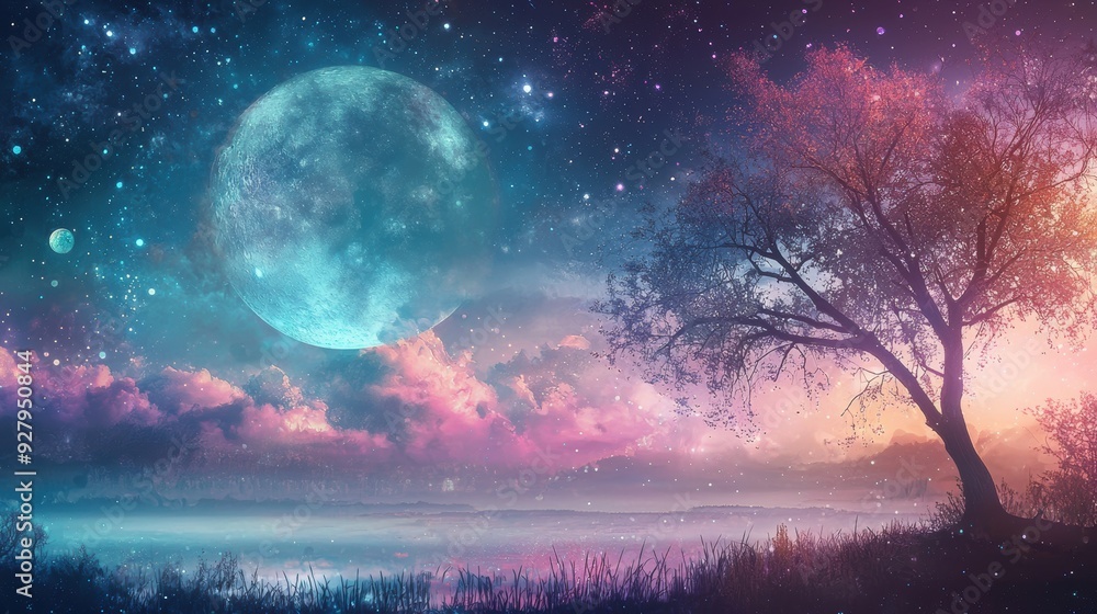 Obraz premium Magical Night Sky with Full Moon and Tree Silhouette.