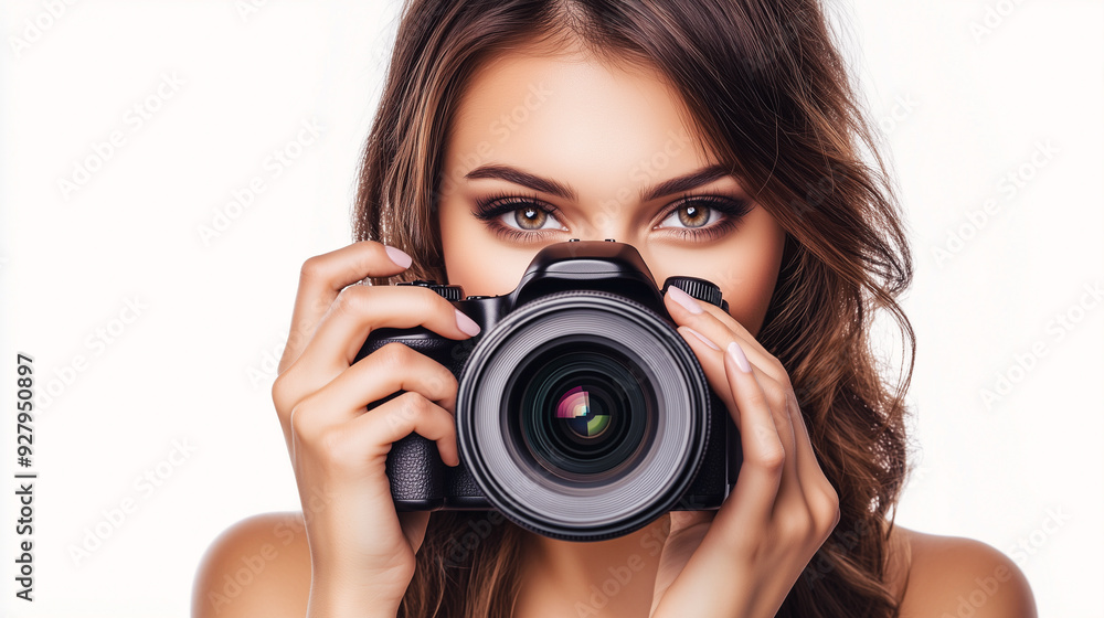 A female photographer peers through the lens of a professional camera, capturing a moment with precision and focus. A female photographer peers through the lens of a professional camera, capturing a moment with precision and focus.