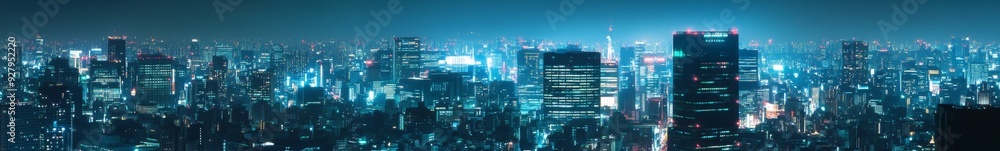 Fototapeta premium Glimmering Urban Enchantment: anime-style Illustration of a Cityscape Aglow with the Magic of Metropolis Nights, Ideal for Skyline Postcards,Anime-Style,illustration,Picture BooksFor Poster,Novel,UI,W