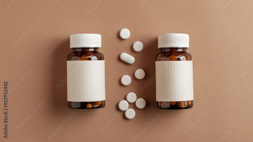 Top view of two unidentified supplement bottles with tablets on a brown surface Nutrients from functional foods for body Top view of two unidentified supplement bottles with tablets on a brown surface Nutrients from functional foods for body