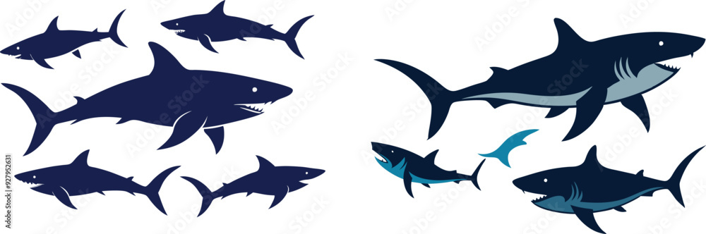 set of sharks in different poses silhouette, vector set of sharks in different poses silhouette, vector