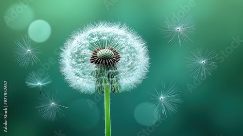 Detailed close-up of a dandelion with seeds being carried away by the wind against a soft green background, symbolizing wishes, nature, and the passage of time.