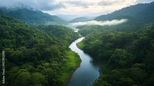 River winding through the tropical forest, creating an atmosphere of adventure and nature's mysteries.