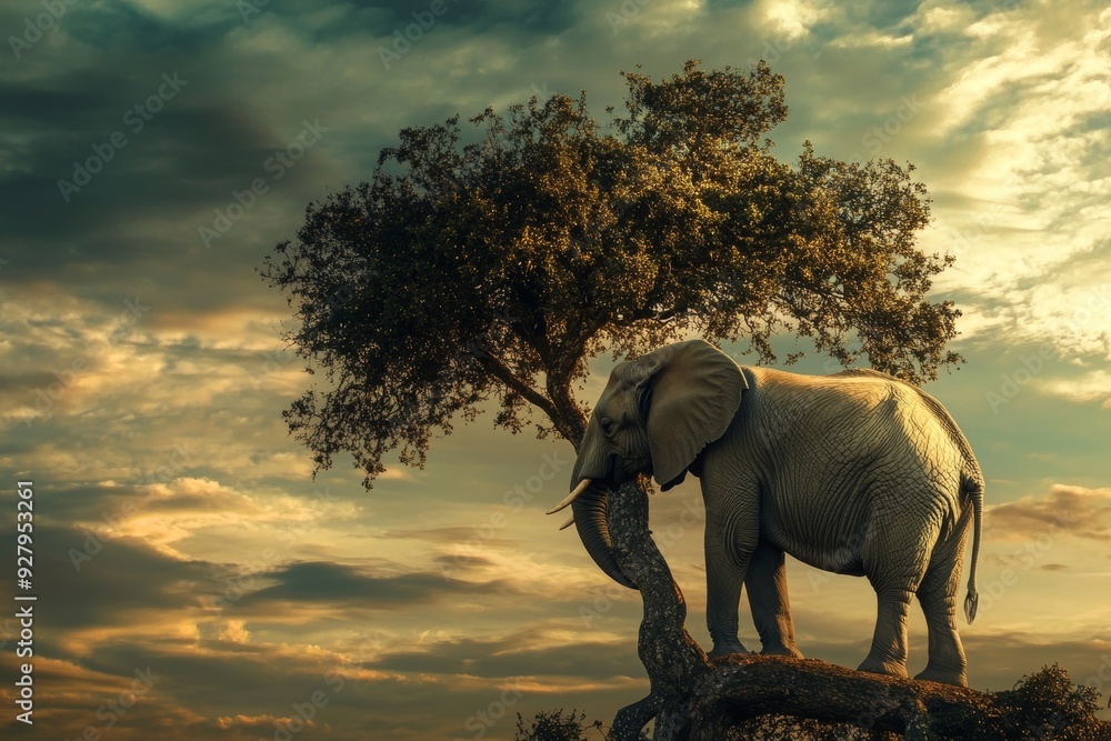 Fototapeta premium Spectacular wildlife image featuring a solitary elephant peacefully resting beneath a tree