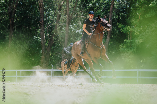 Woman riding a horse in an outdoor arena surrounded by trees on a sunny day, capturing the essence of equestrian sports.