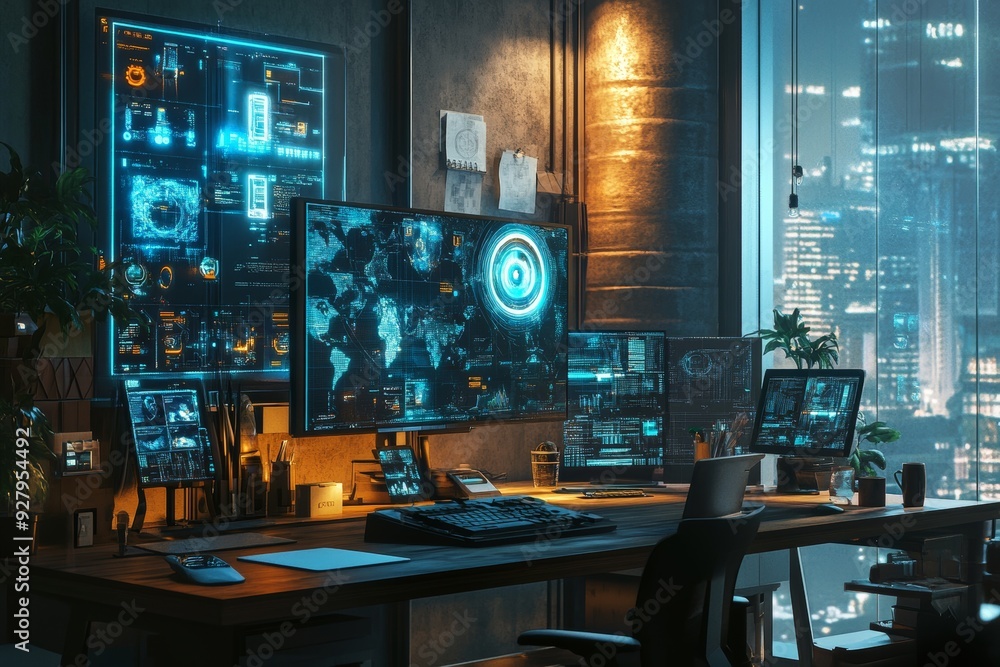 Futuristic workplace with holographic screens and modern devices in 3d rendering Futuristic workplace with holographic screens and modern devices in 3d rendering