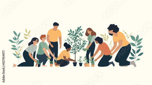 Group of Diverse People Engaged in Tree Planting and Gardening Activities, Promoting Environmental Conservation and Community Involvement in Sustainability Efforts