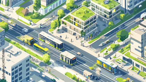 Sustainable urban cityscape with green rooftops, electric buses, and cyclists promoting eco-friendly transportation and green energy solutions