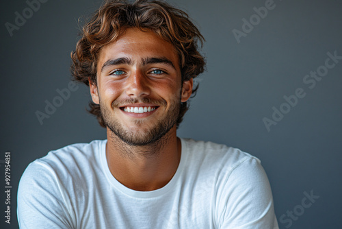 A joyful young man smiling widely in a white t-shirt, on a gray background, suitable for fashion and positive emotion themes.