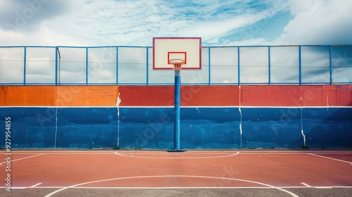 A basketball hoop stands tall against a blue and orange wall, with a cloudy sky above. The court below is empty, waiting for players.