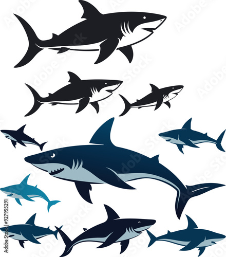 set of sharks in different poses silhouette, vector 